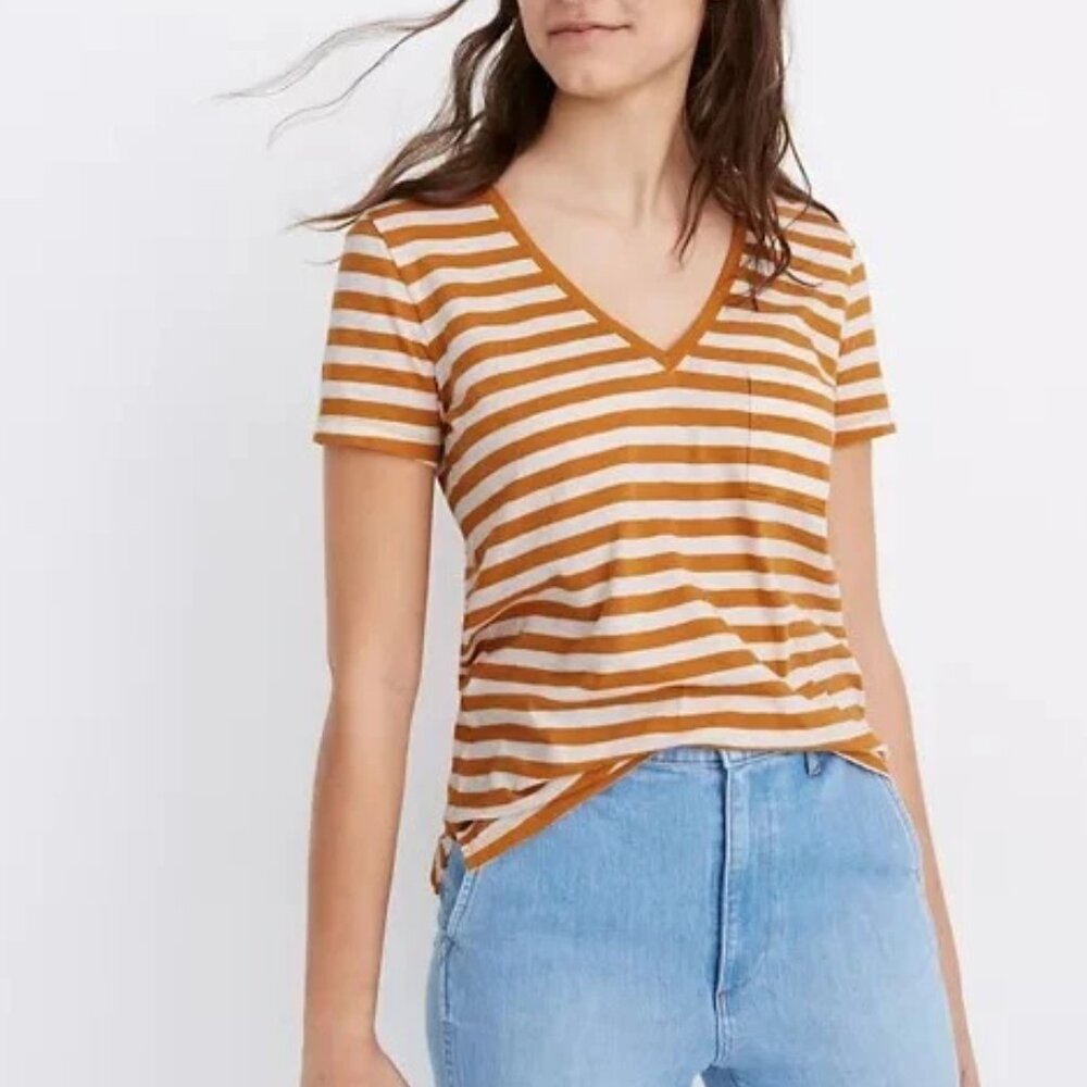 Madewell Womens Small Whisper Cotton V-Neck Pocket Tee in Richie Stripe